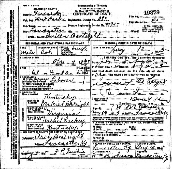 Quiller Boatwright Death Certificate: