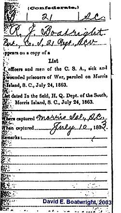 Robert Shields Boatwright Civil War Record