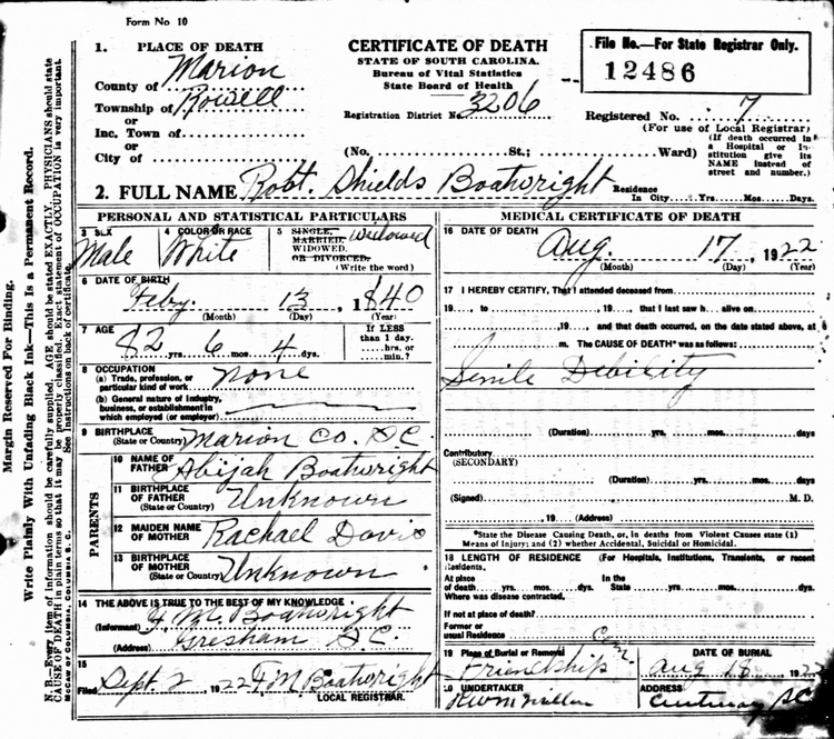 Robert Shields Boatwright Death Certificate:
