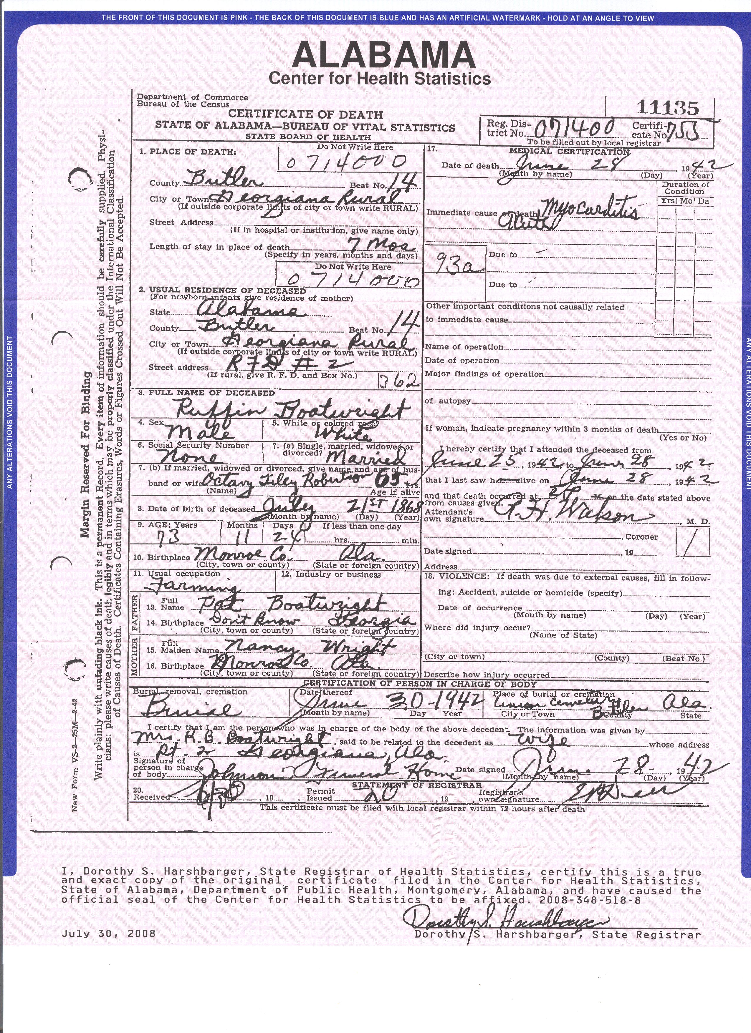 Ruffin B. Boatwright Death Certificate: