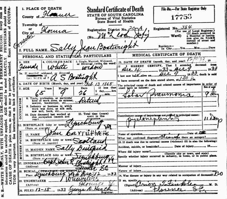 Sallie Jean Carruthers Boatwright Death Certificate: