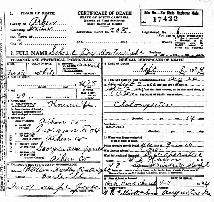 Salona Fox Boatwright Death Certificate: