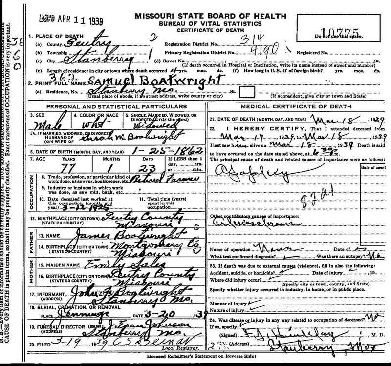 Samuel Boatwright Death Certificate: