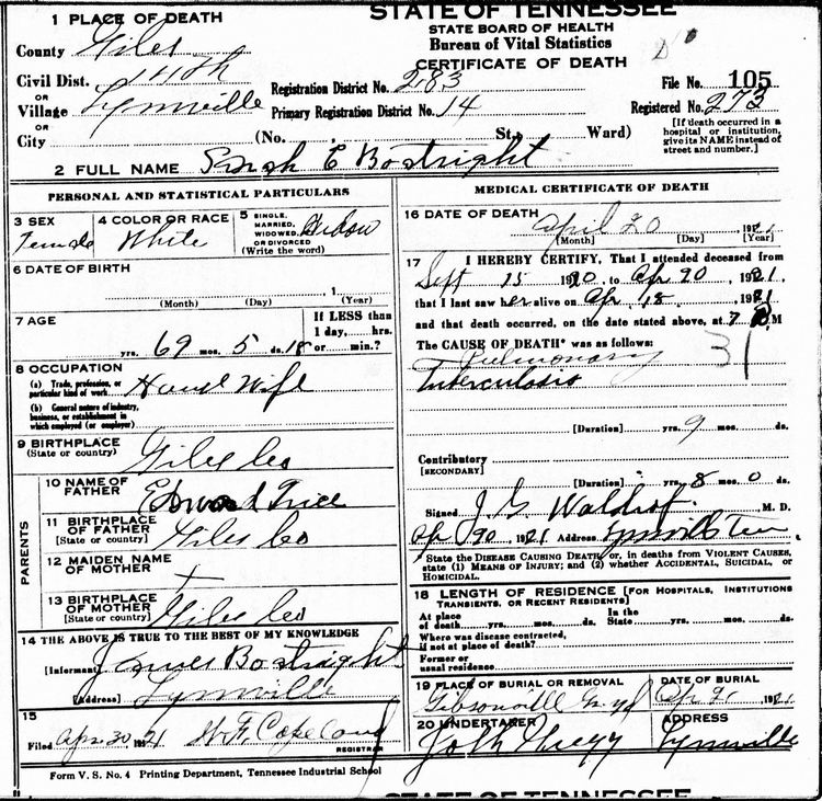 Sarah E. Trice Boatright Death Certificate: