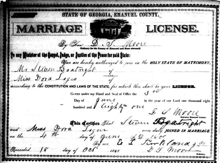 Stephen Thomas Boatright and Dora Logue Marriage License