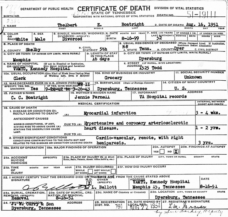 Thelbert Earl Boatwright Death Certificate:
