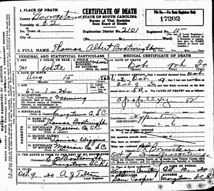 Thomas Albert Boatwright Death Certificate: