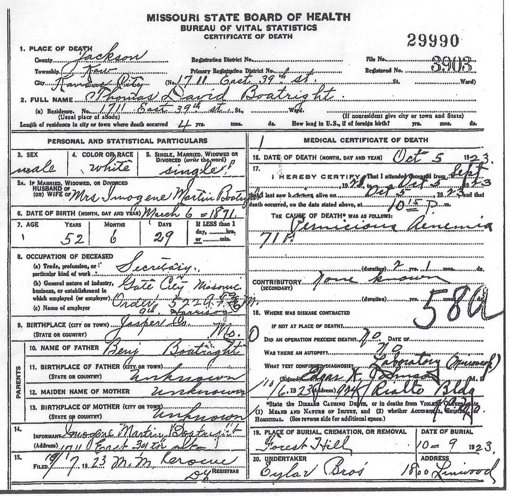 Thomas David Boatright Death Certificate: