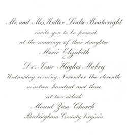 Wedding invitation for Marie Boatwright and Jesse Mabry