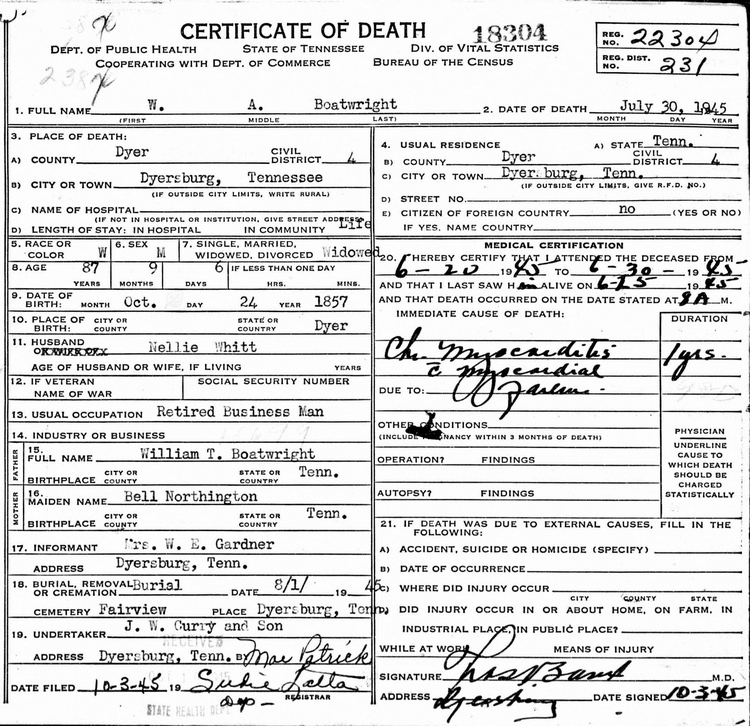 William A. Boatwright Death Certificate: