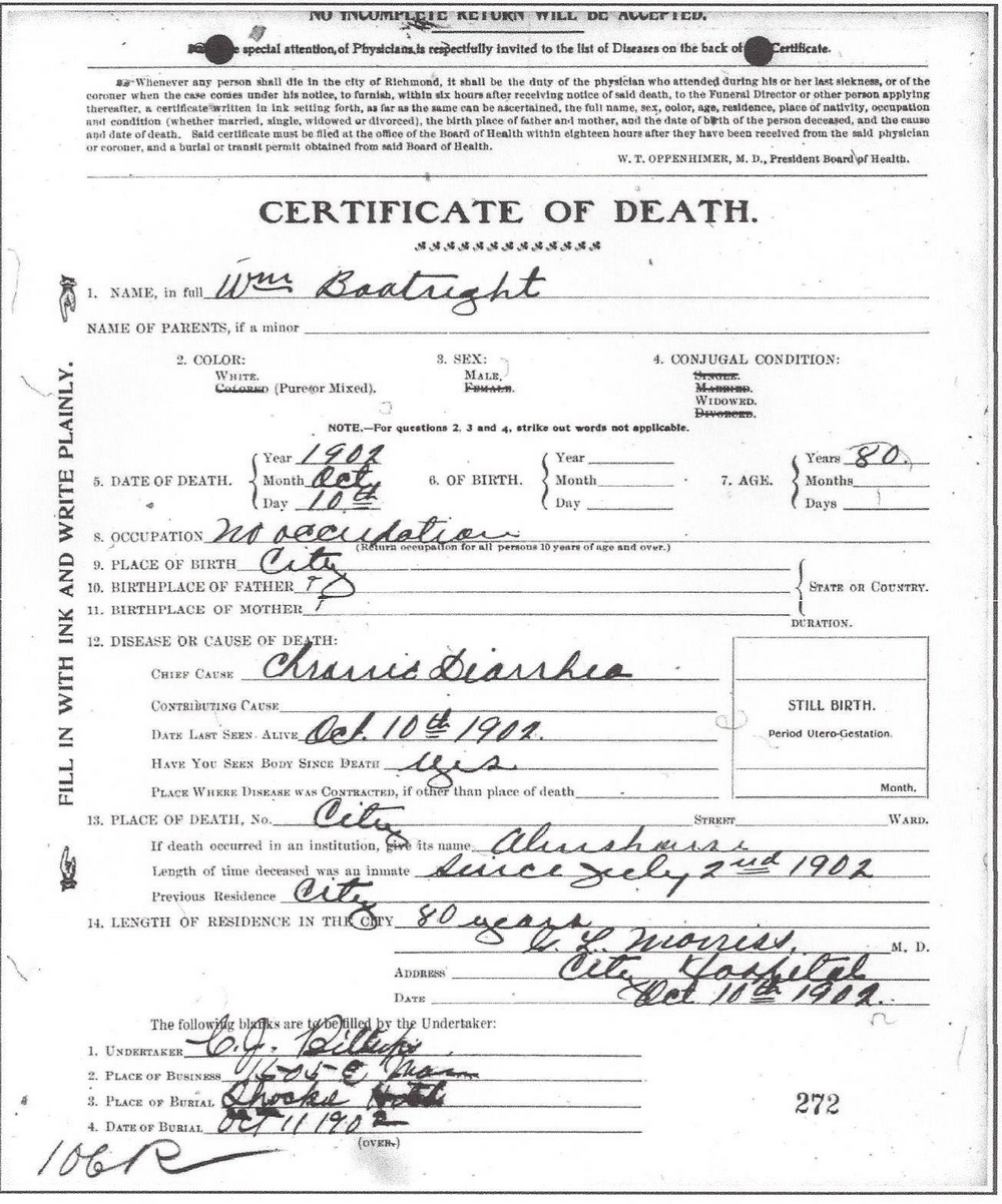 William Bryan Bootwright Death Certificate: