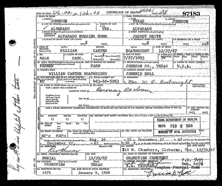 William Carter Boatwright Death Certificate: