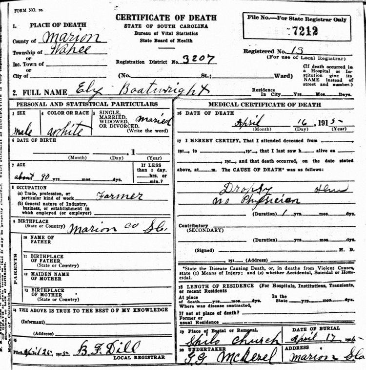 William Eli Boatwright Death Certificate: