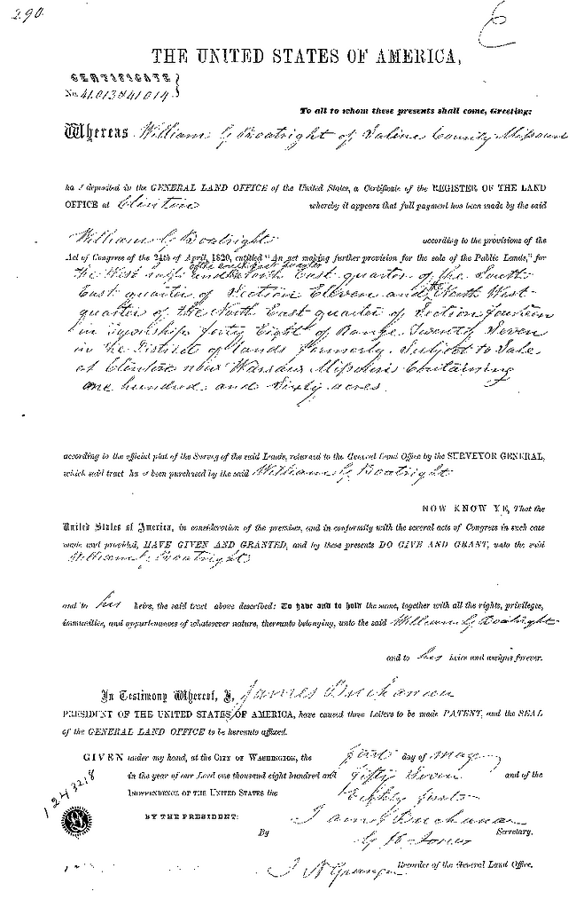 William Greene Boatright Land Office Record 1857: