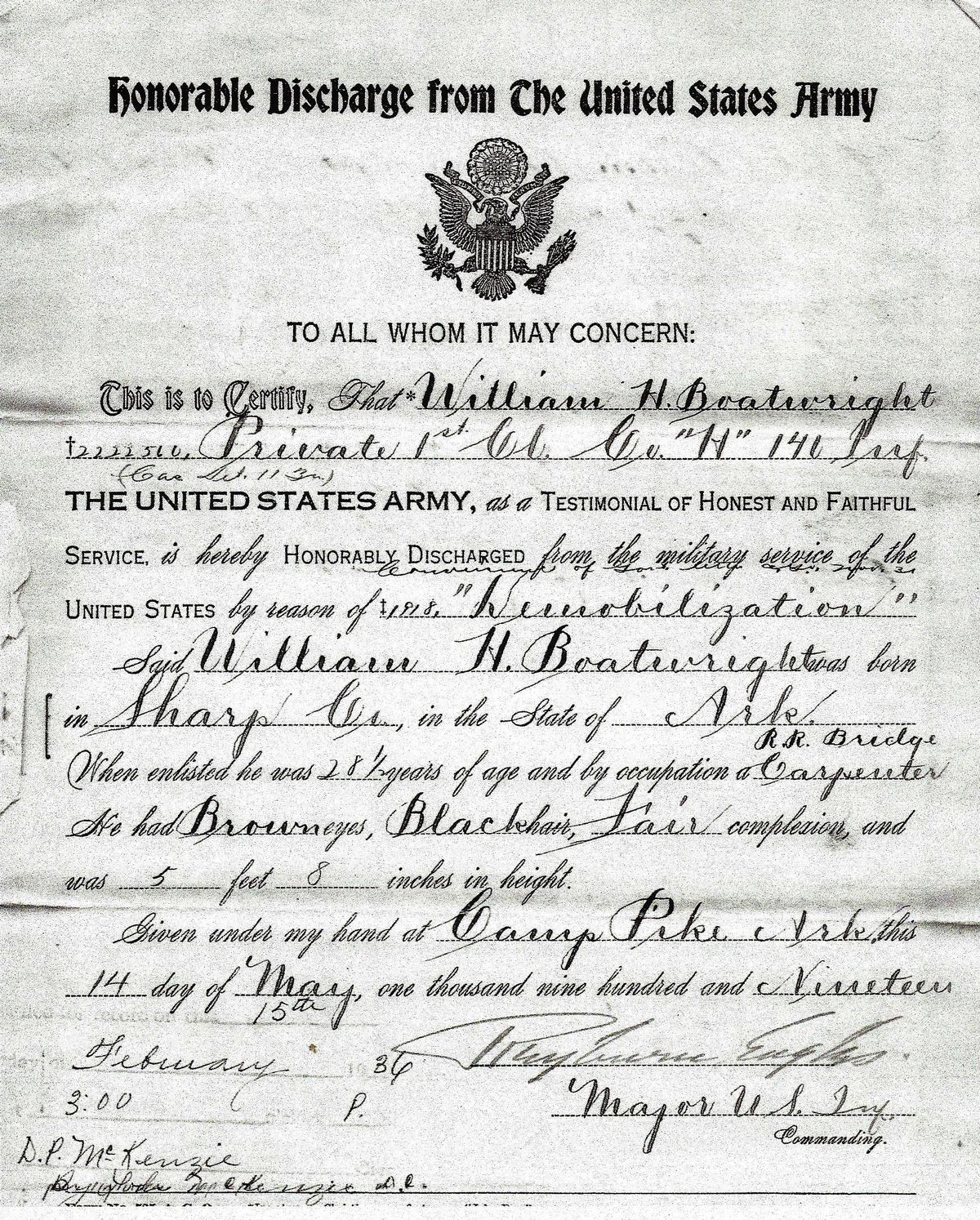 William Henry Harrison Boatwright World War 1 Discharge Papers: