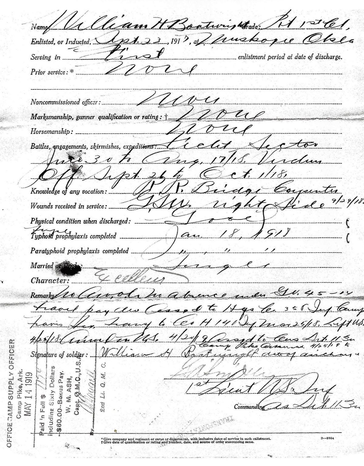 William Henry Harrison Boatwright World War 1 Discharge Papers: