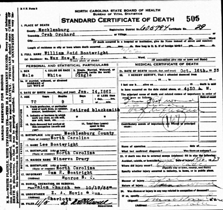 William Reid Boatright Death Certificate: